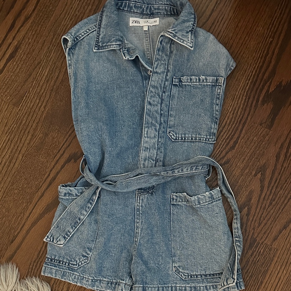 Zara Blue Denim Belted Jumpsuit